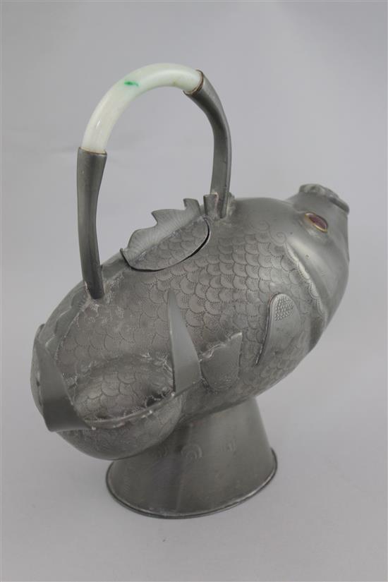 A Chinese pewter and hardstone mounted fish water pot, late 19th / early 20th century, height 22cm